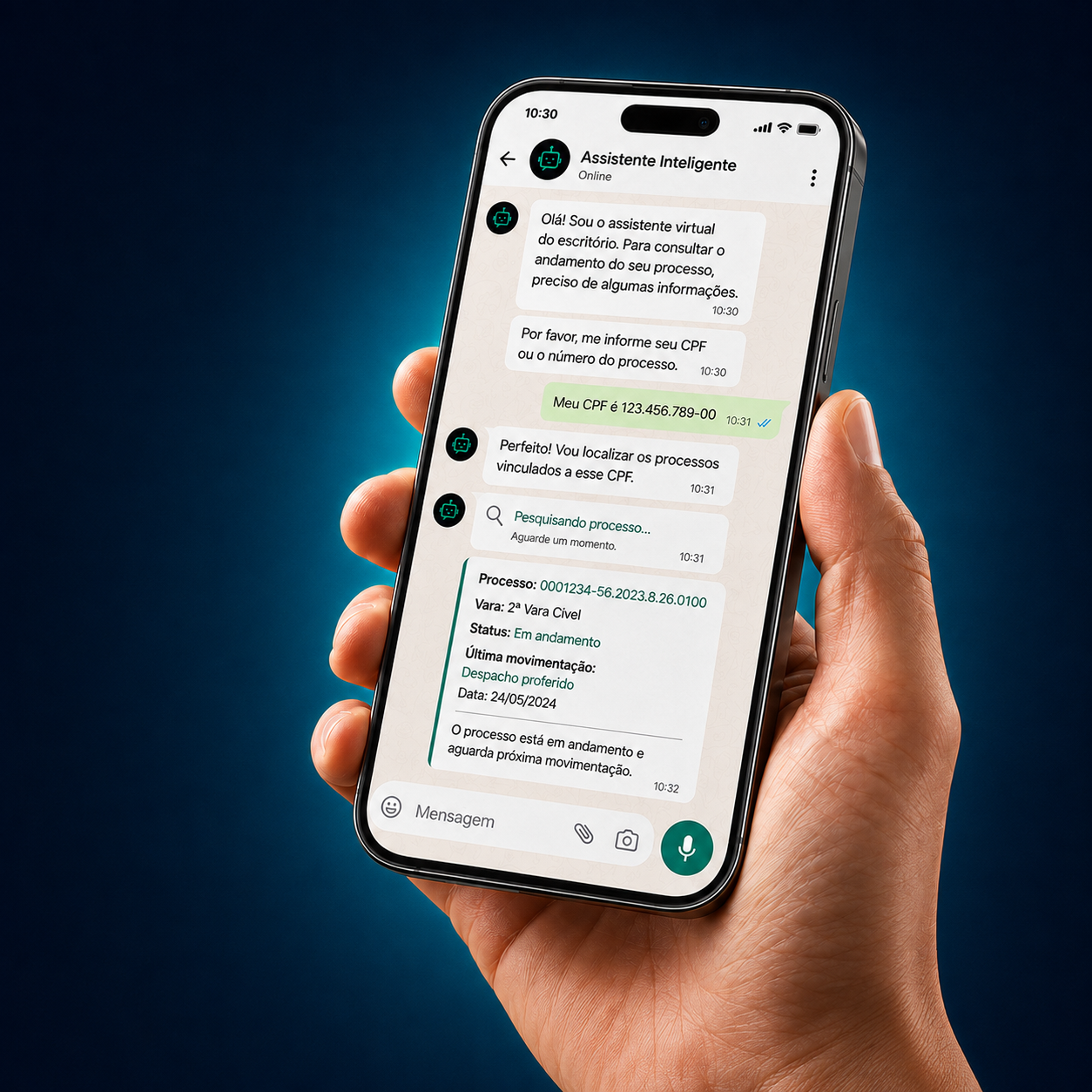 1. Pré-atendimento com I.A. | 2. I.A. informa o status do processo | 3. I.A. direciona cada atendimento